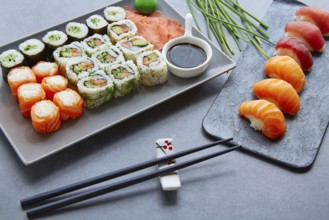 Sushi Maki and Niguiri California roll soy sauce and wasabi