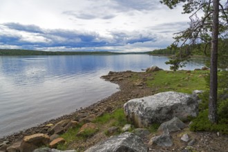 The shore of the White Sea. The littoral zone is almost completely flooded with water. Kandalaksha