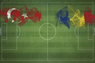 Turkey vs Romania Soccer Match, national colors, national flags, soccer field, football game,