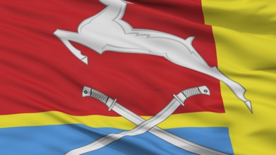 Yuzhnouralsk City Flag, Country Russia, Chelyabinsk Oblast, Closeup View, 3D Rendering