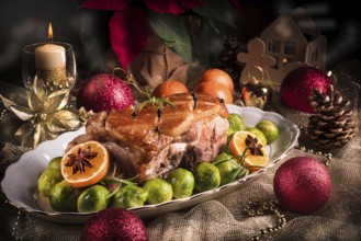 Christmas dinner with brussels sprouts in orange sauce