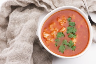 Tomato soup with rice decorated with parsley