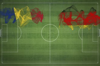 Romania vs Germany Soccer Match, national colors, national flags, soccer field, football game,