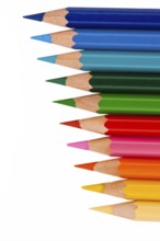 Many different coloured pencils on a white background, Many different colored pencils on white