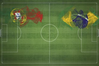 Portugal vs Brazil Soccer Match, national colors, national flags, soccer field, football game,