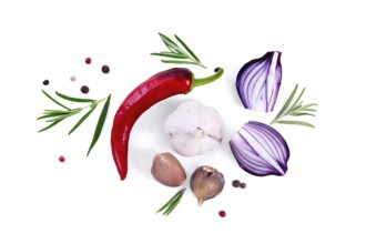 Pod of red hot pepper, slices of purple onion with sprigs of rosemary, garlic and peas of colored