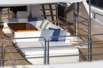 Luxury yacht. Comfortable expensive wooden design and furniture for holiday recreation tourism or