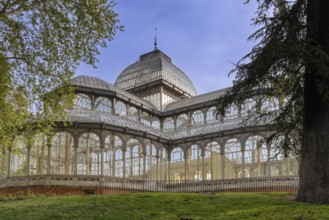 Madrid, Spain, 6 April, 2024: view of the Crystal Palace in the El Retiro Park in downtown Madrid,