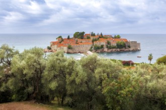 Sveti Stefan island in Montenegro resort at Adriatic sea, high angle view. Famous travel