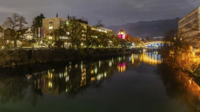 New town hall, Schwammerlturm, illuminated bridge over the river Mur, Waasenbrücke, night shot,