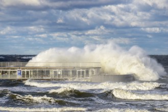 Large braking waves during a storm in Kolobrzeg on the Polish Baltic coast