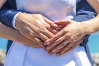 A couple is holding hands and wearing wedding rings. The woman is wearing a white dress and the man