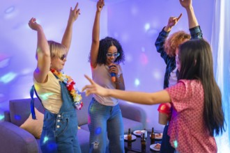 Group of diverse friends enjoying karaoke night, singing and dancing together in a colorful,