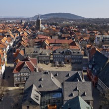 City panorama from the market church above the roofs of the old town of Goslar with a view of the