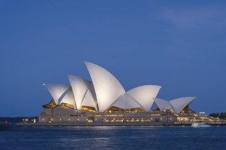 Illuminated Sydney Opera House at night train blue hour, surrounded by water, with unique