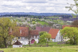 Historic village buildings. Half-timbered farmhouse in the open-air museum on the Swabian Alb.