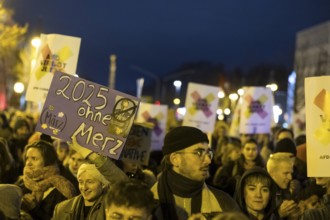 Participants with signs 2025 without Merz and AfD ban now at the demonstration under the slogan