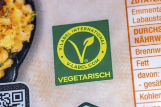 Ecolabel on food packaging, printed on the packaging. V-Label International, vegetarian.