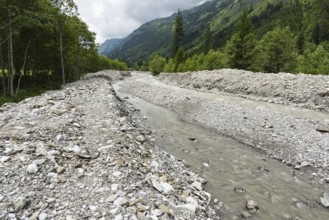 Illegal stream straightening in a nature reserve, Rappenalpbach in the Rappenalptal valley near