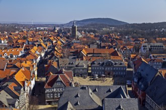City panorama from the market church above the roofs of the old town of Goslar with a view of the