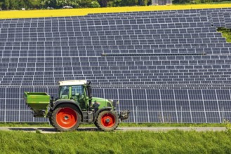 Agricultural land is used as a solar field. Tractor. Nellingen in the Swabian Alb. Nellingen,