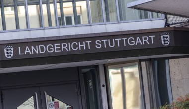 Stuttgart District Court, exterior view with lettering and state coat of arms. Stuttgart,