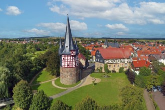 Aerial view, Junker Hansen Tower, fortified defence tower, residential tower, largest half-timbered
