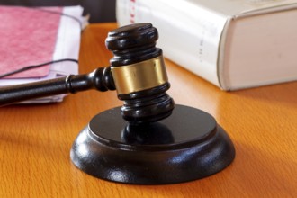 Symbolic image of a court hearing: close-up of a judge's gavel