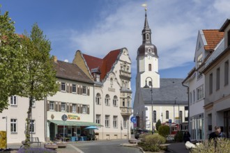 View of Seidemann House and St Moritz Church from the market square, Taucha, Saxony, Germany