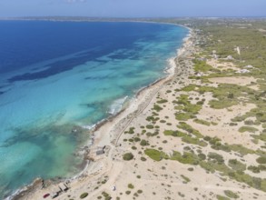 Aerial view of the beach walk at Platja Es Arenals, Playa Migjorn, Formentera, Balearic Islands,