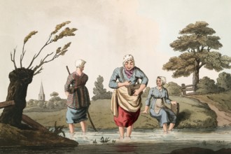 Scene from everyday life in England around 1810, leech seeker in the water, historical, digitally