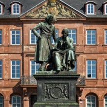 Brothers Grimm National Monument in front of Neustadt Town Hall, German Fairy Tale Route, Hanau,