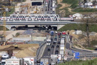 Six-lane widening of the A8 motorway near Pforzheim. Enztal crossing construction site with heavy
