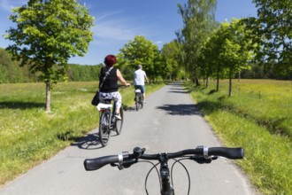Cycling through meadows and forests in Lusatia, here near Kromlau, district of Görlitz, Saxony,