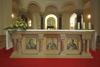Decorated altar with mosaic of saints, saint, figures, Malachy, interior view, arts and crafts,