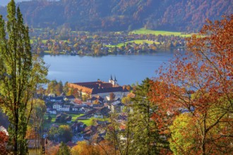 Panorama of the village and lake with the monastery castle in autumn, Tegernsee, Tegernsee,