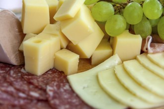 Cheese cubes and slices of sausage with grapes on a wooden board offer a classic savoury selection,