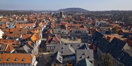 City panorama from the market church above the roofs of the old town of Goslar with a view of the