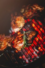 From above of delicious appetizing meat steaks with fresh rosemary grilling on rack above burning