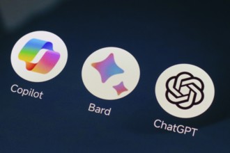 In this photo illustration, the app logo Google Bard, Microsoft Copilot and ChatGPT (OpenAI) is