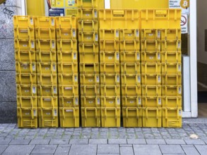Stack of yellow post boxes in Düsseldorf, Germany