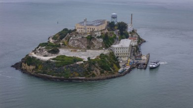 Aerial view of United States Penitentiary, Alcatraz Island, shows a historic maximum-security