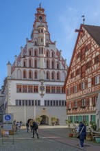 Half-timbered house and late Gothic town hall with early Baroque gable, historic old town, Bad