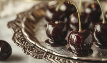 A delectable chocolate-covered cherry served on a silver platter AI generated