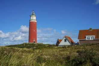 Red lighthouse next to buildings in a dune landscape under a bright blue sky, Texel