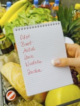 A woman holds a shopping list in her hand in a supermarket. German language. Austria