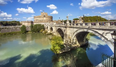 View of the Castel Sant'Angelo and the Angel Bridge on the Tiber in Rome Lazio Italy