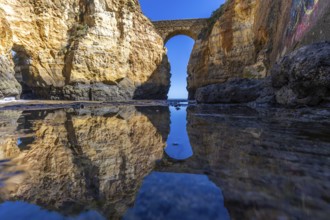 Yellow rocks and cliffs on a sandy beach. A bay by the sea, over which the old stone bridge of the