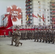 East Berlin, 01.05.1980, Karl-Marx-Allee, march past by members of the combat groups of the GDR, at
