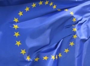 EU flag with 27 stars, close-up, wave pattern
